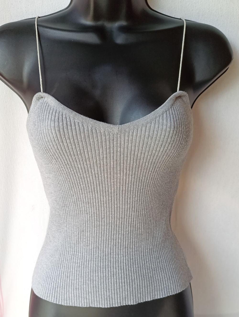 Ribbed Mild Stretch Spaghetti Strap Knit Tank Top - Gray Size Small